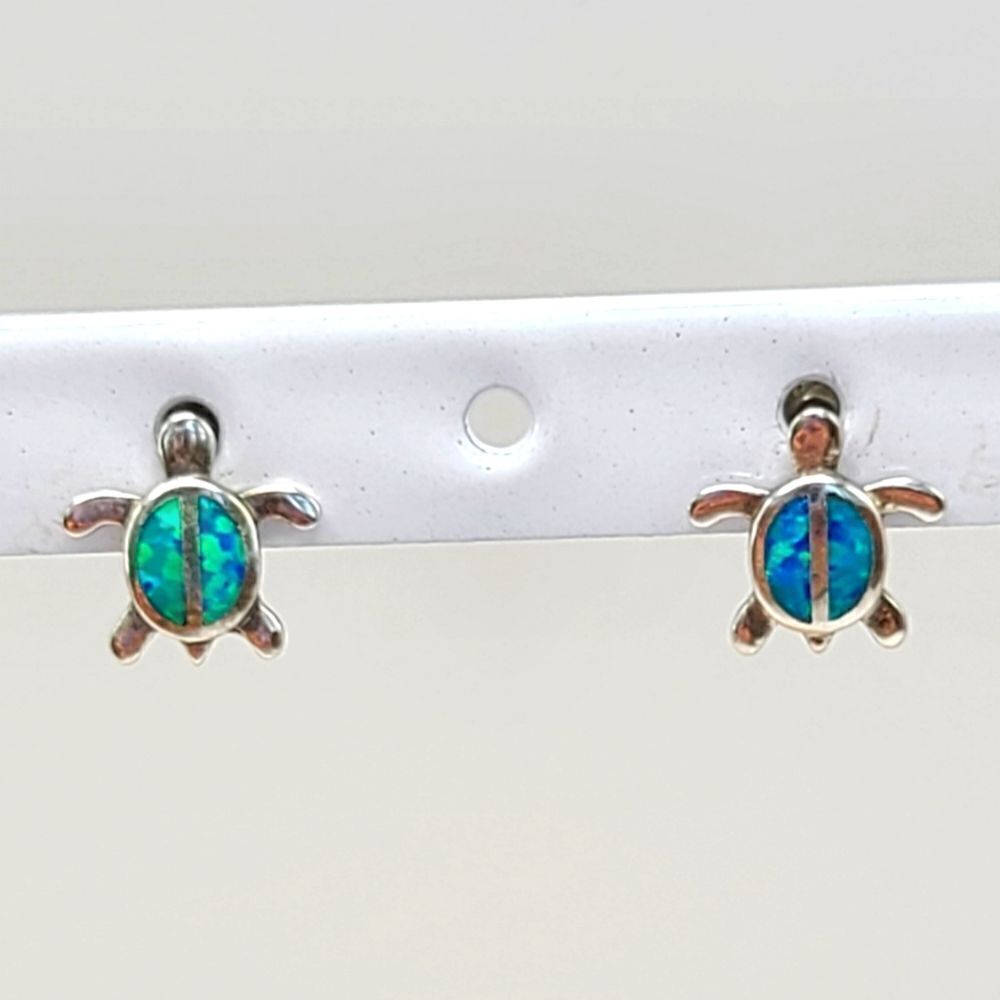 Sterling Silver Sea Turtles, opal inlay earrings, pierced